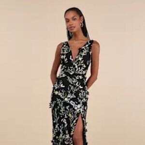 Elegant Composure Black Floral Embroidered Lace-Up Maxi Dress